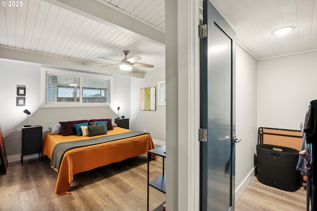 bedroom with ceiling fan and light wood-type flooring