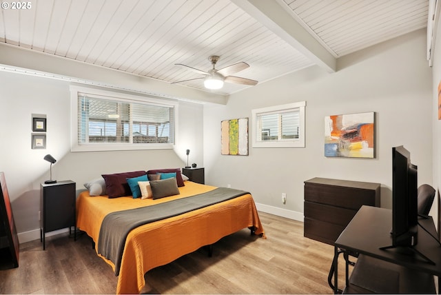 bedroom featuring beam ceiling, hardwood / wood-style flooring, ceiling fan, and wood ceiling