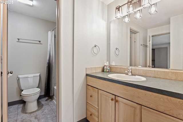 bathroom with vanity, shower / bathtub combination with curtain, and toilet