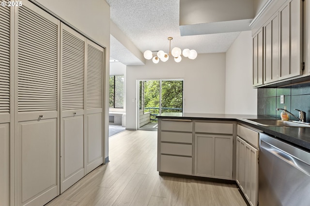 kitchen with decorative backsplash, dark countertops, dishwasher, a sink, and a peninsula