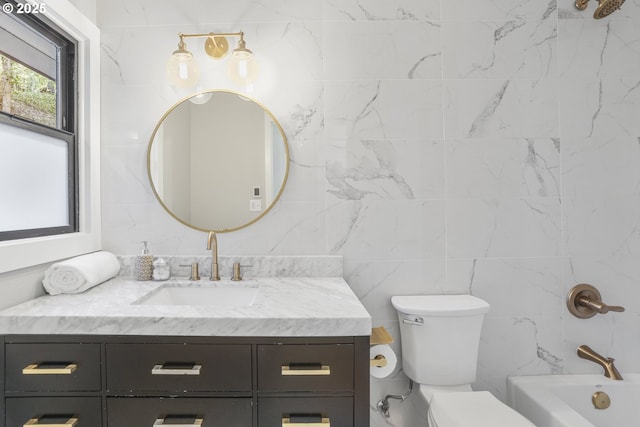 full bathroom featuring shower / bath combination, vanity, and toilet