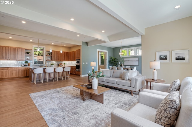 14 Juarez St, Lake Oswego, OR 97035 - living area with recessed lighting, light wood-style flooring, beamed ceiling, and baseboards