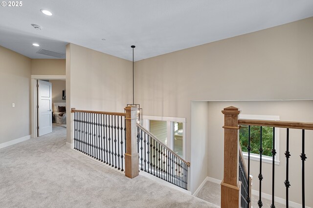 14 Juarez St, Lake Oswego, OR 97035 - hall with an upstairs landing, carpet flooring, baseboards, and recessed lighting
