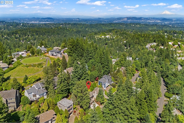 14 Juarez St, Lake Oswego, OR 97035 - aerial view of property's location featuring a heavily wooded area, nearby suburban area, and a mountainous background