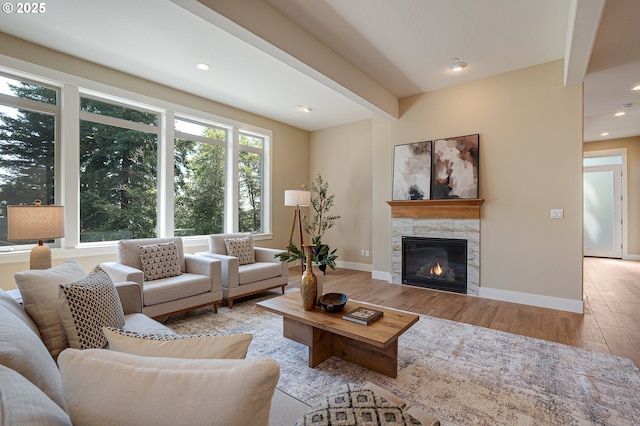 14 Juarez St, Lake Oswego, OR 97035 - living room featuring wood finished floors, a high end fireplace, baseboards, and recessed lighting
