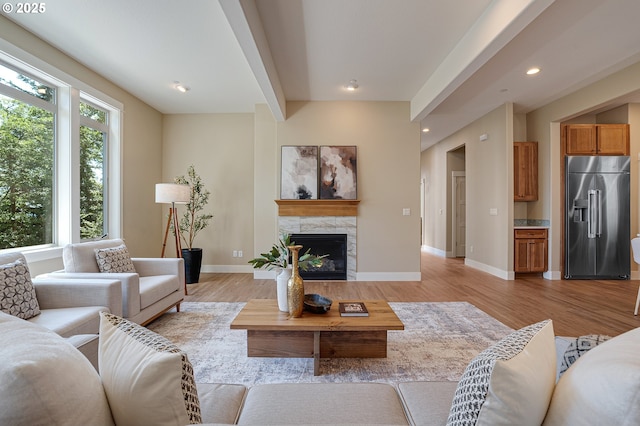 14 Juarez St, Lake Oswego, OR 97035 - living area featuring light wood-type flooring, baseboards, a high end fireplace, and recessed lighting