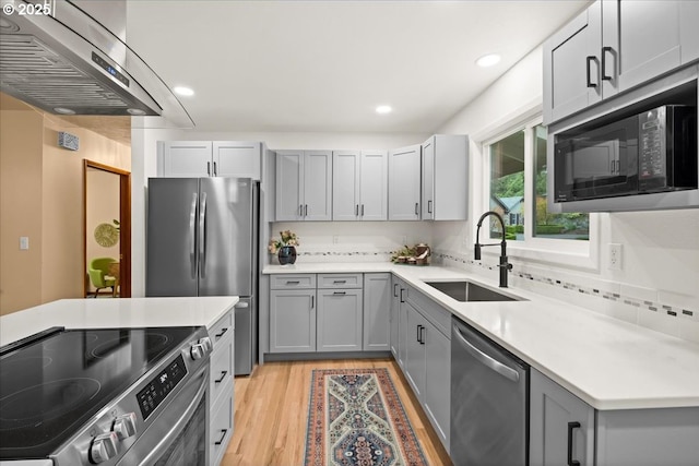 4819 SW Hamilton St, Portland, OR 97221 - kitchen featuring appliances with stainless steel finishes, a sink, exhaust hood, gray cabinetry, and recessed lighting