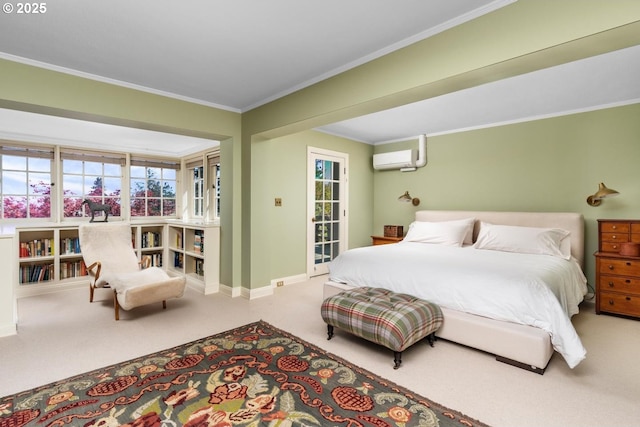 bedroom with carpet, baseboards, ornamental molding, and multiple windows