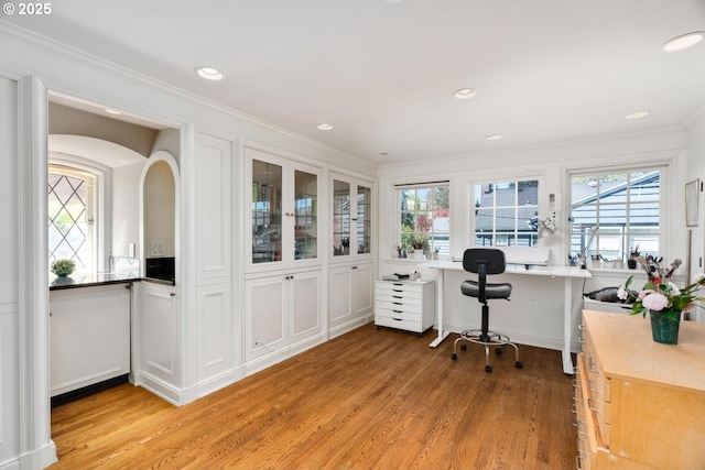 office featuring crown molding, recessed lighting, and light wood-style flooring