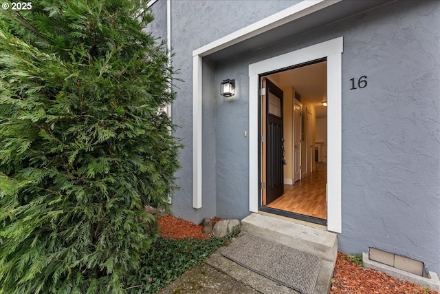 view of exterior entry with stucco siding