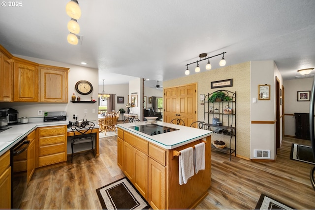 33817 Gage Rd, Mitchell, OR 97750 - kitchen featuring black appliances, wood finished floors, light countertops, a kitchen island, and baseboards