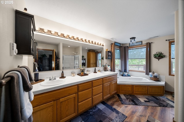 33817 Gage Rd, Mitchell, OR 97750 - bathroom featuring a shower stall, wood finished floors, double vanity, and a bath