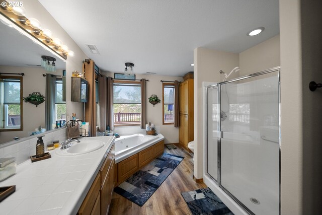 33817 Gage Rd, Mitchell, OR 97750 - bathroom featuring wood finished floors, a stall shower, a tub with jets, toilet, and vanity