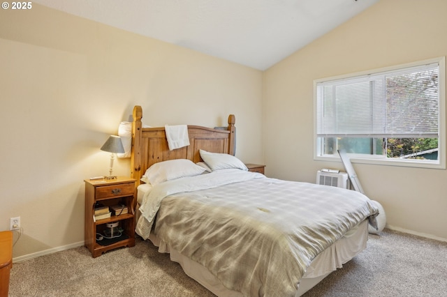 bedroom featuring carpet floors, vaulted ceiling, and baseboards