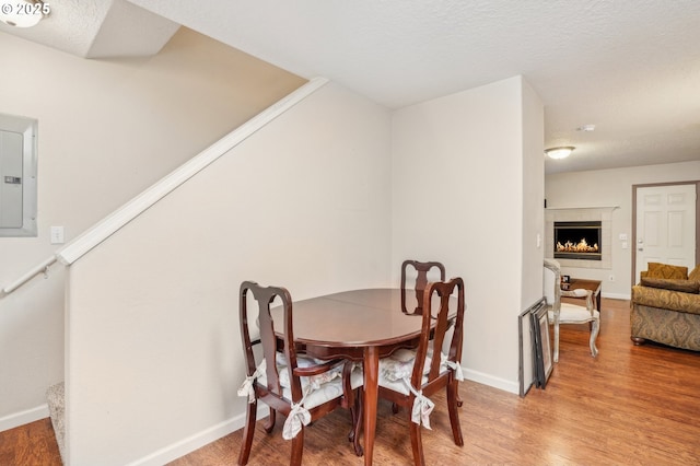 dining room featuring light wood finished floors, electric panel, baseboards, a textured ceiling, and a warm lit fireplace