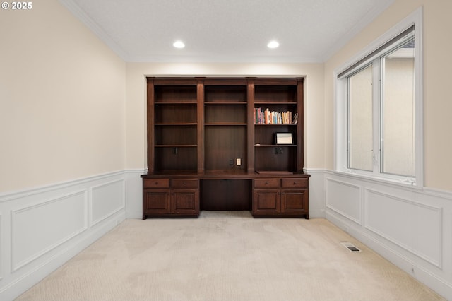 14405 NW Valley View Ln, Portland, OR 97231 - unfurnished office with a decorative wall, ornamental molding, light carpet, wainscoting, and recessed lighting