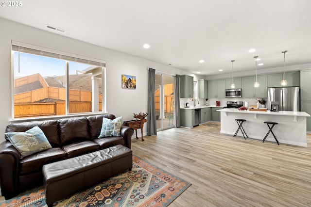 living room with light wood-type flooring and sink