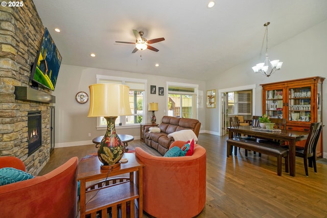 1715 York Butte Ave, Salem, OR 97306 - living room featuring ceiling fan with notable chandelier, wood finished floors, recessed lighting, a fireplace, and baseboards