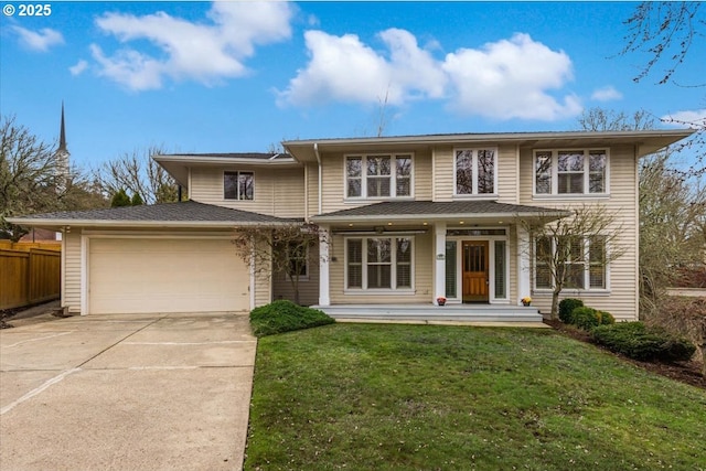 view of front of home featuring a front yard, an attached garage, fence, and driveway