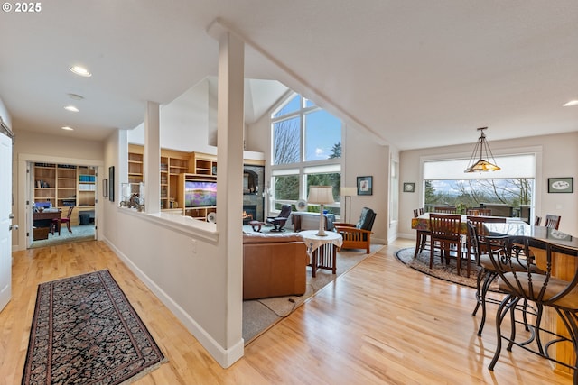 living room with high vaulted ceiling and light hardwood / wood-style flooring