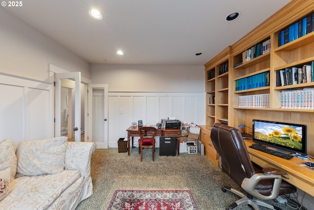 home office with carpet flooring