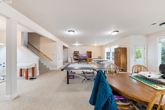 recreation room with light carpet