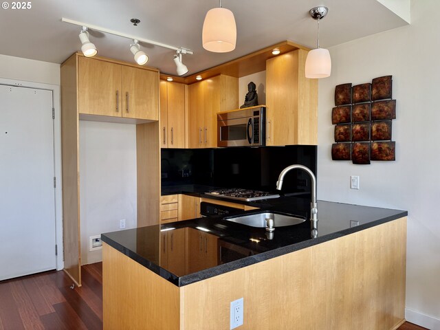 kitchen featuring dark wood-style flooring, a peninsula, open shelves, appliances with stainless steel finishes, and a sink
