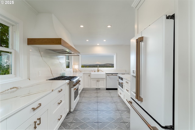 kitchen featuring light stone counters, premium range hood, high quality appliances, white cabinets, and sink