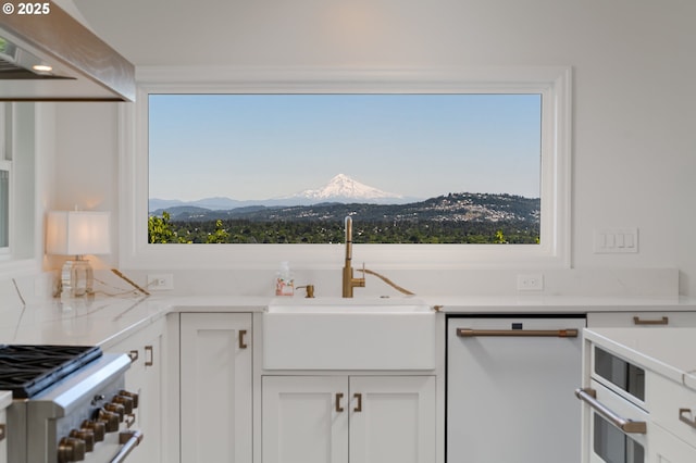 kitchen featuring a healthy amount of sunlight, white cabinets, and a mountain view