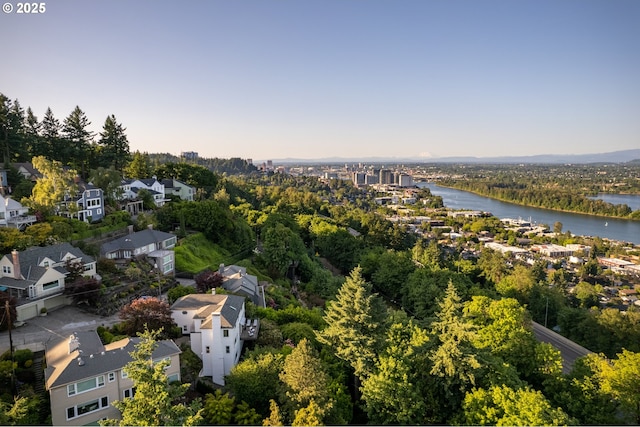 bird's eye view with a water view