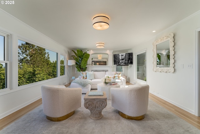 living room featuring light hardwood / wood-style flooring and crown molding