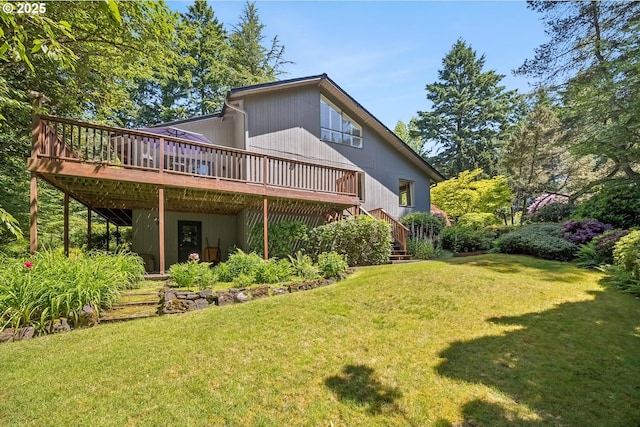 15 Cellini Ct, Lake Oswego, OR 97035 - rear view of house featuring a deck, stairway, and a lawn