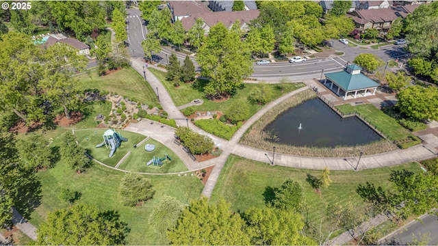 drone / aerial view featuring a water view