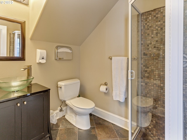 7913 SW Leiser Ln, Portland, OR 97224 - full bathroom featuring vanity, a shower stall, and lofted ceiling