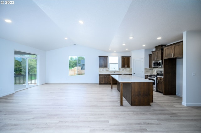 kitchen featuring light wood-type flooring, vaulted ceiling, stainless steel appliances, and a kitchen island