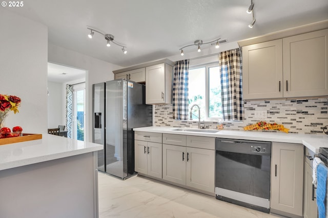 1819 SE 173rd Ave, Vancouver, WA 98683 - kitchen featuring dishwasher, a sink, stainless steel refrigerator with ice dispenser, and gray cabinetry