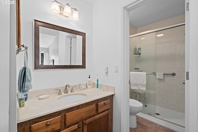bathroom with tile patterned floors, a shower stall, vanity, and toilet