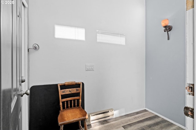 bathroom featuring baseboard heating, wood finished floors, and baseboards