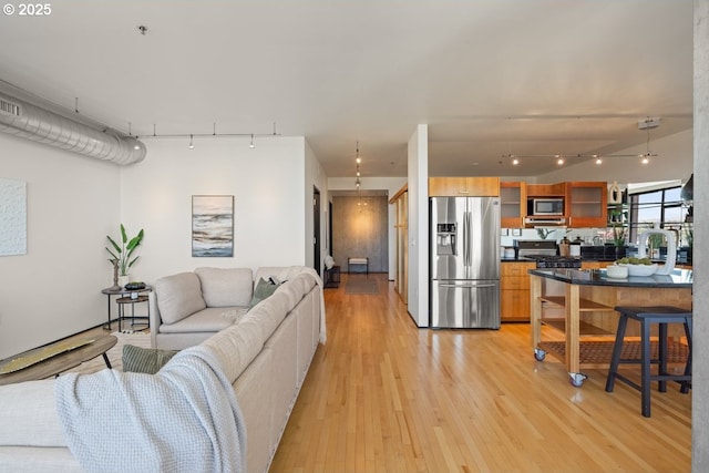 living room with rail lighting and light wood-type flooring