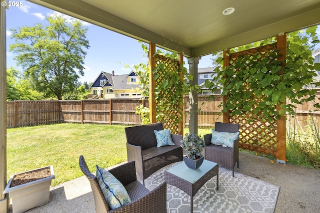 21338 SW Simon Ter, Sherwood, OR 97140 - fenced backyard with a patio, an outdoor living space, and a residential view