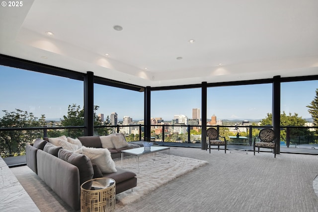 1551 SW Upper Hall St, Portland, OR 97201 - carpeted bedroom with a city view, expansive windows, and recessed lighting