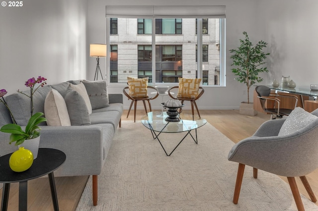 living room with baseboards and wood finished floors