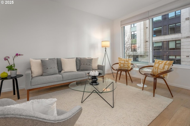 living area featuring baseboards and wood finished floors