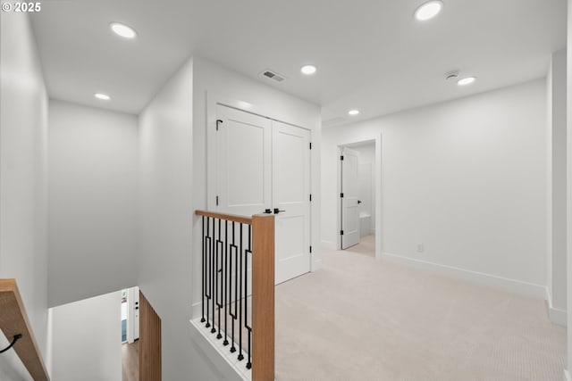 619 E Heintz St, Molalla, OR 97038 - corridor featuring recessed lighting, carpet flooring, and an upstairs landing