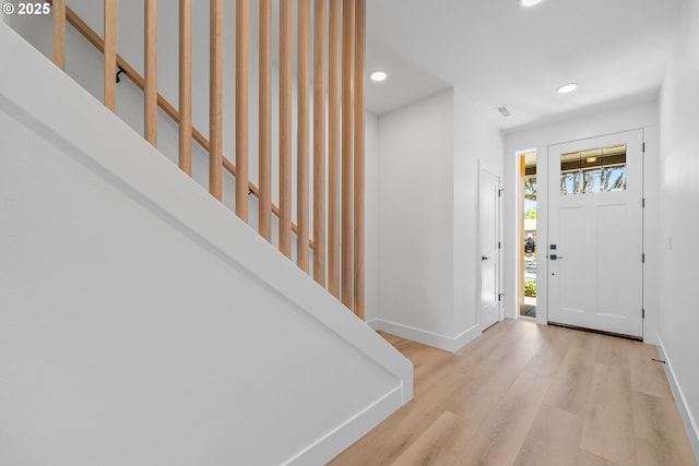 619 E Heintz St, Molalla, OR 97038 - foyer entrance with recessed lighting, wood finished floors, and stairs
