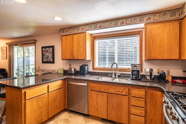 kitchen featuring a sink, stainless steel appliances, a peninsula, and brown cabinetry