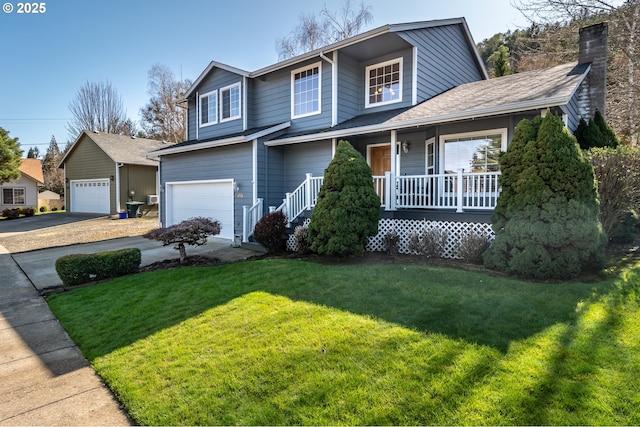 traditional-style home with a porch, a front yard, a chimney, driveway, and an attached garage