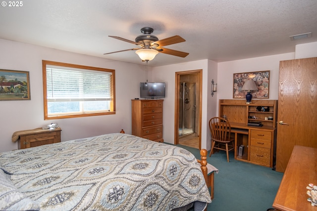 bedroom with carpet, visible vents, ceiling fan, a textured ceiling, and connected bathroom