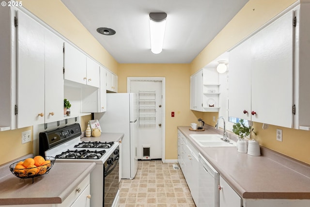 1052 Shamrock Dr SE, Salem, OR 97302 - kitchen featuring white appliances, white cabinetry, light countertops, and open shelves