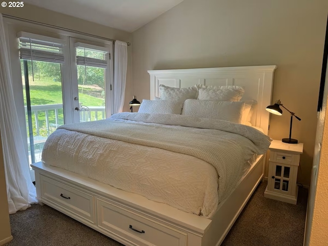 3484634844 Matthews Rd, Eugene, OR 97405 - bedroom with dark carpet, access to exterior, vaulted ceiling, and french doors